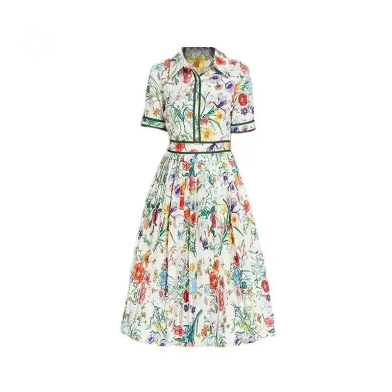 Runway Design Fashion Floral Print Elegant Summer Pleated Midi Long Dress Shirt Street Casual Lady Office Work Dresses
