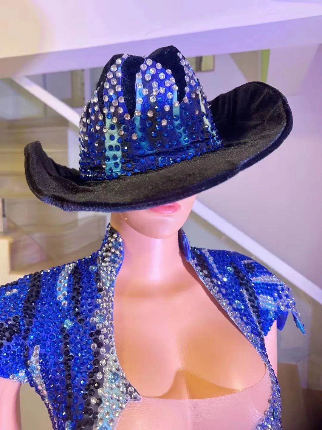 Red Blue Rhinestones Bodsyuit Gloves Hat Women Sexy Perspective Pole Dance Outfit Stage Gogo Wear Drag Queen Costumes