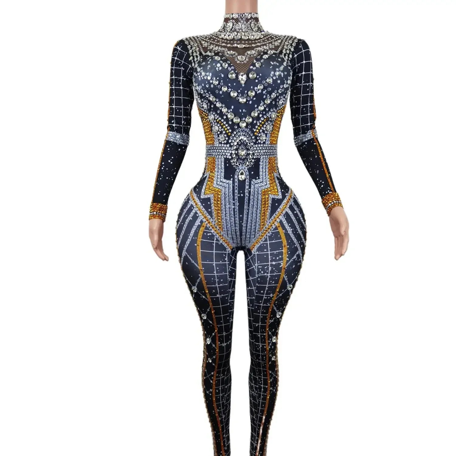 Sexy Long Sleeves Gold Silver Bodycon Rompers Festival Outfit Lady Crystals Bodysuits Women Birthday Party Rhinestone Jumpsuits