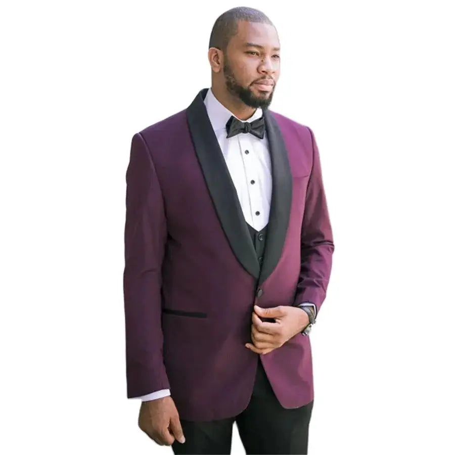 Purplish Red Men Suits Black Shawl Lapel Single Breasted Formal 3 Piece Jacket Pants Vest Skinny Full Set Blazer Tailor-Made