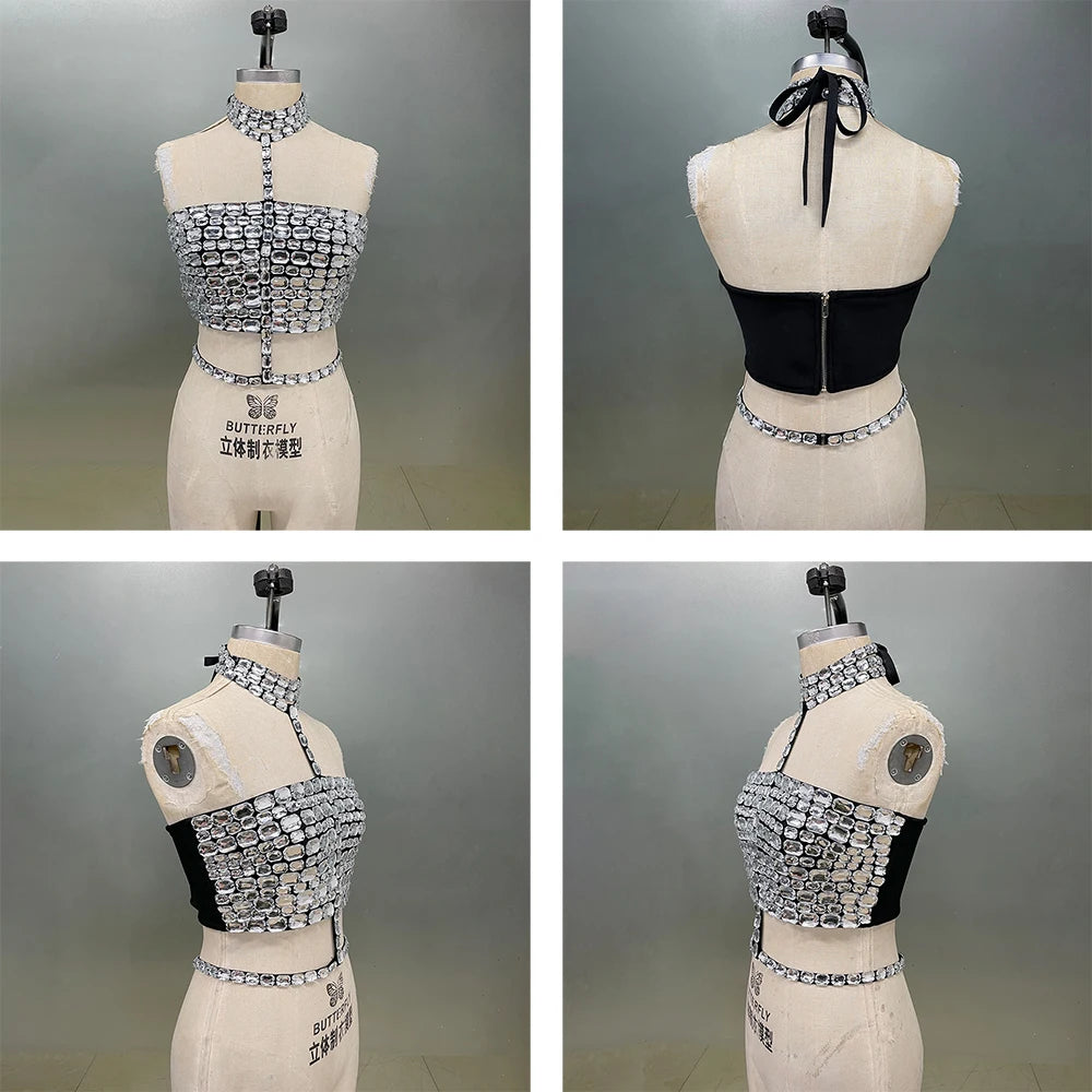 Celebrities' Same Style Silver Large Acrylic Halter Neck Tube Top Waist Tight Top Sexy Hottie Crystal Top