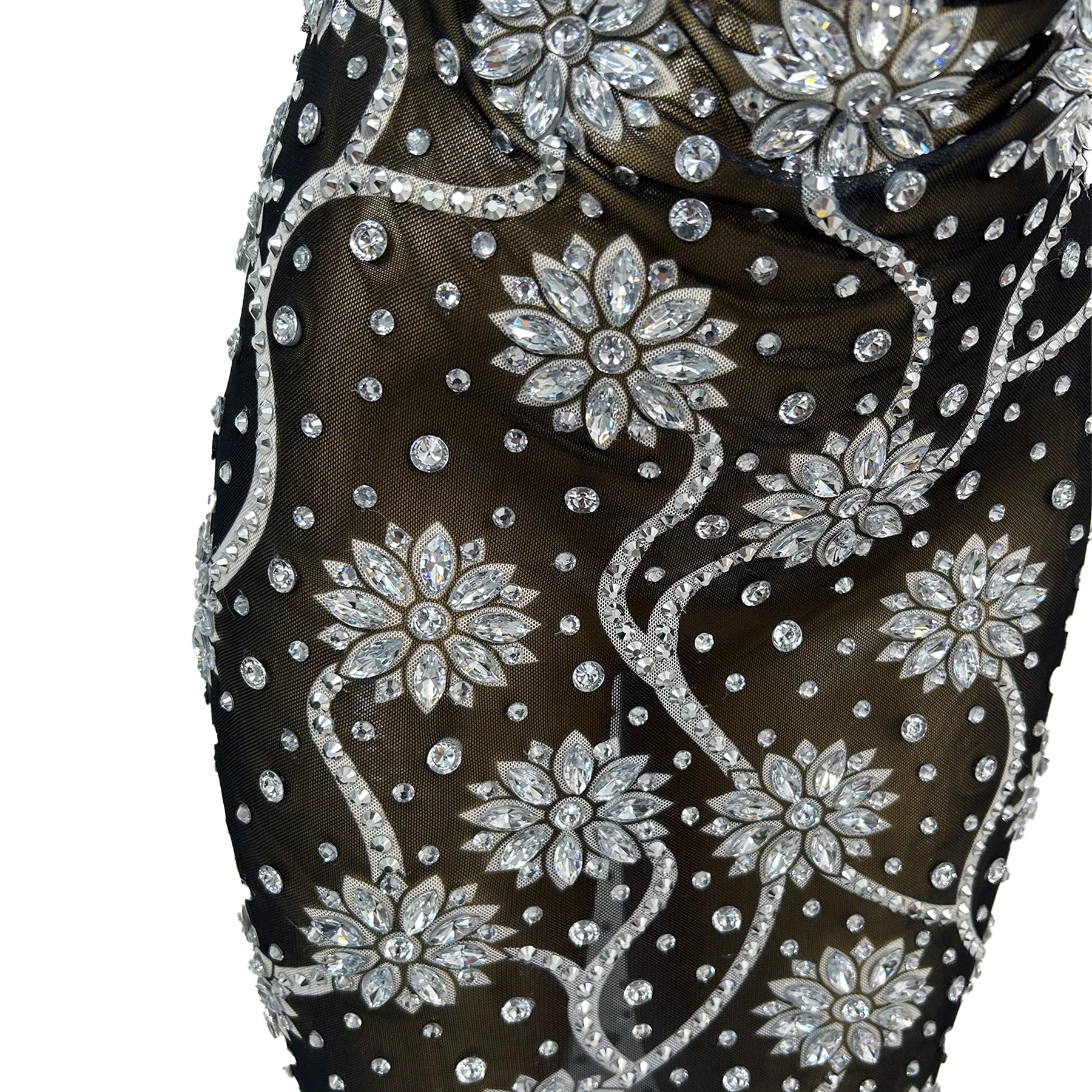 Sexy Women Black See Through Mesh Tassel Long Dresses Hollow Out Sparkly Silver Rhinestone Evening Gown Party Outfit