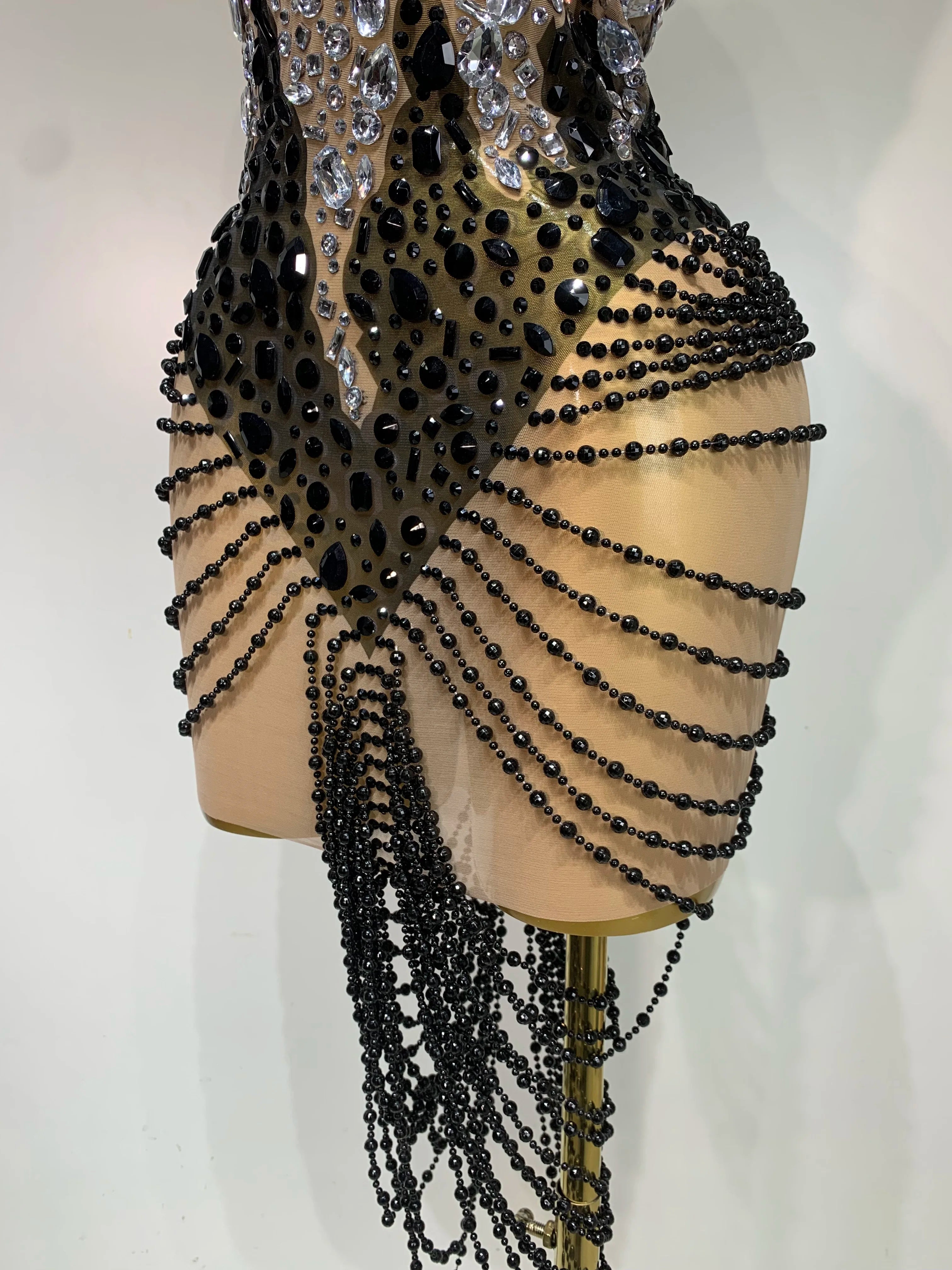 Sparkly Crystals Beading Short Dress Women Sexy Backless Mesh See Through Evening Prom Celebrate Birthday Dress Photo Shoot Wear