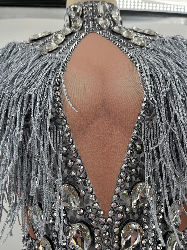 Sparkly Rhinestone silver Fringes Bodysuit Dance drag queen Costume Big Crystals Bodysuit Tassel DJ DS club birthday Party Stage