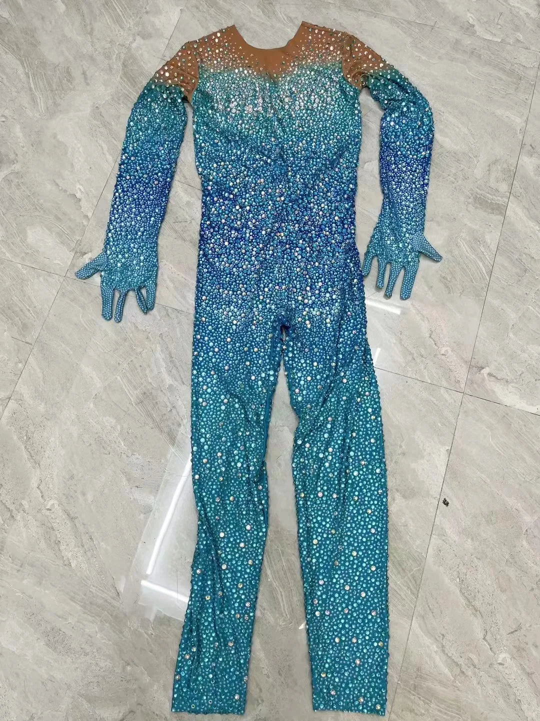 Sexy Stage Costume Full Rhinestones Long Sleeves Gloves Jumpsuit Evening Fashion Show Outfit Women Dance Photoshoot Bodysuit