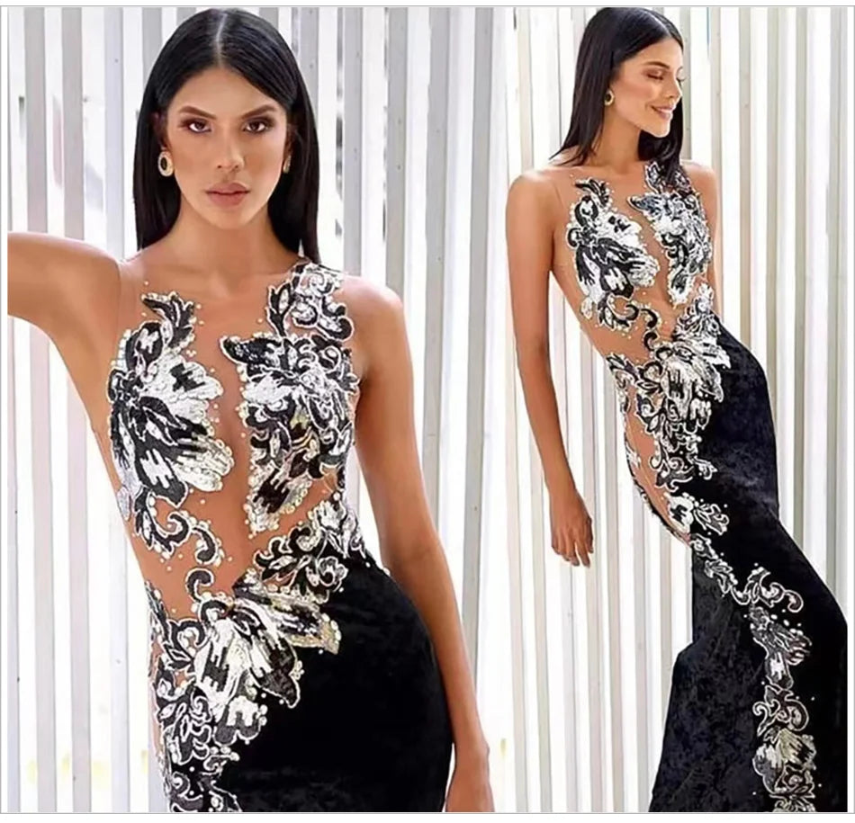 Black Sleeveless Apricot Net Slightly Transparent Piece Long Skirt Evening Dress Celebrity Party Toast Wedding