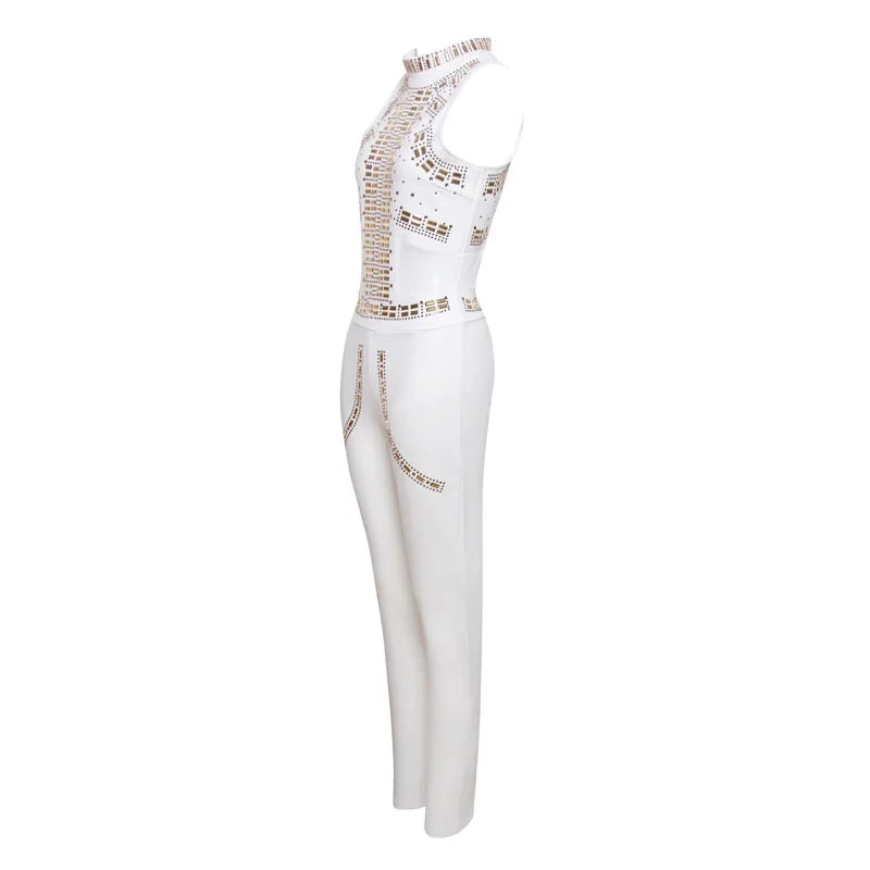 Black Luxury Diamond Pants Jumpsuit Women Fashion Sleeveless Hollow Out Party Bodysuit Elegant Pencil Pant One Pieces