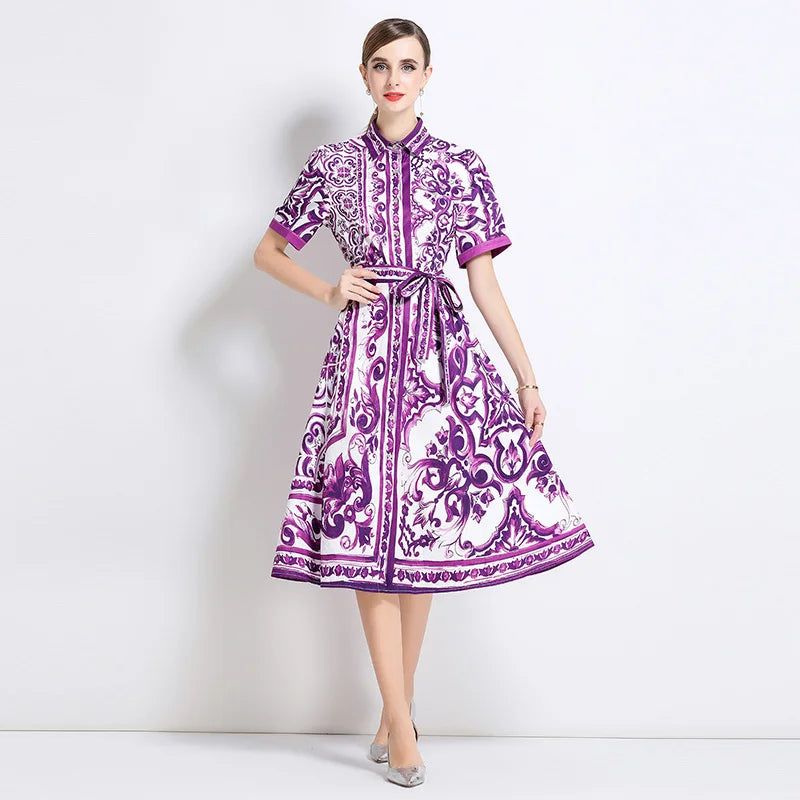 Runway Design Fashion Floral Print Elegant Summer Pleated Midi Long Dress Shirt Street Casual Lady Office Work Dresses