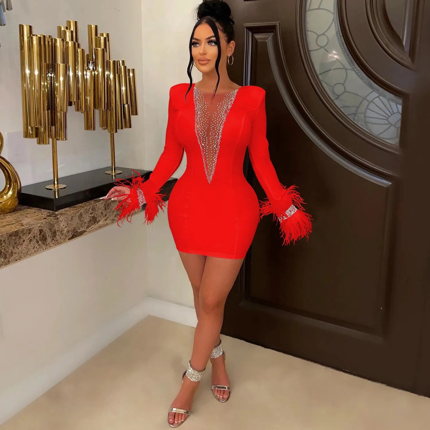 Feather Rhinestone Mesh Bodycon Mini Dress Women Night Club See Through Outfits Party Evening Sexy Diamond Prom Short Dresses