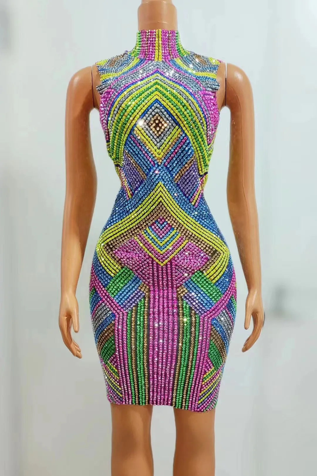 Sexy Stage Colorful Rhinestones Dress Women New Styles High Neck Colorful Gown Unique Formal Costumes Photo Shoot Dress