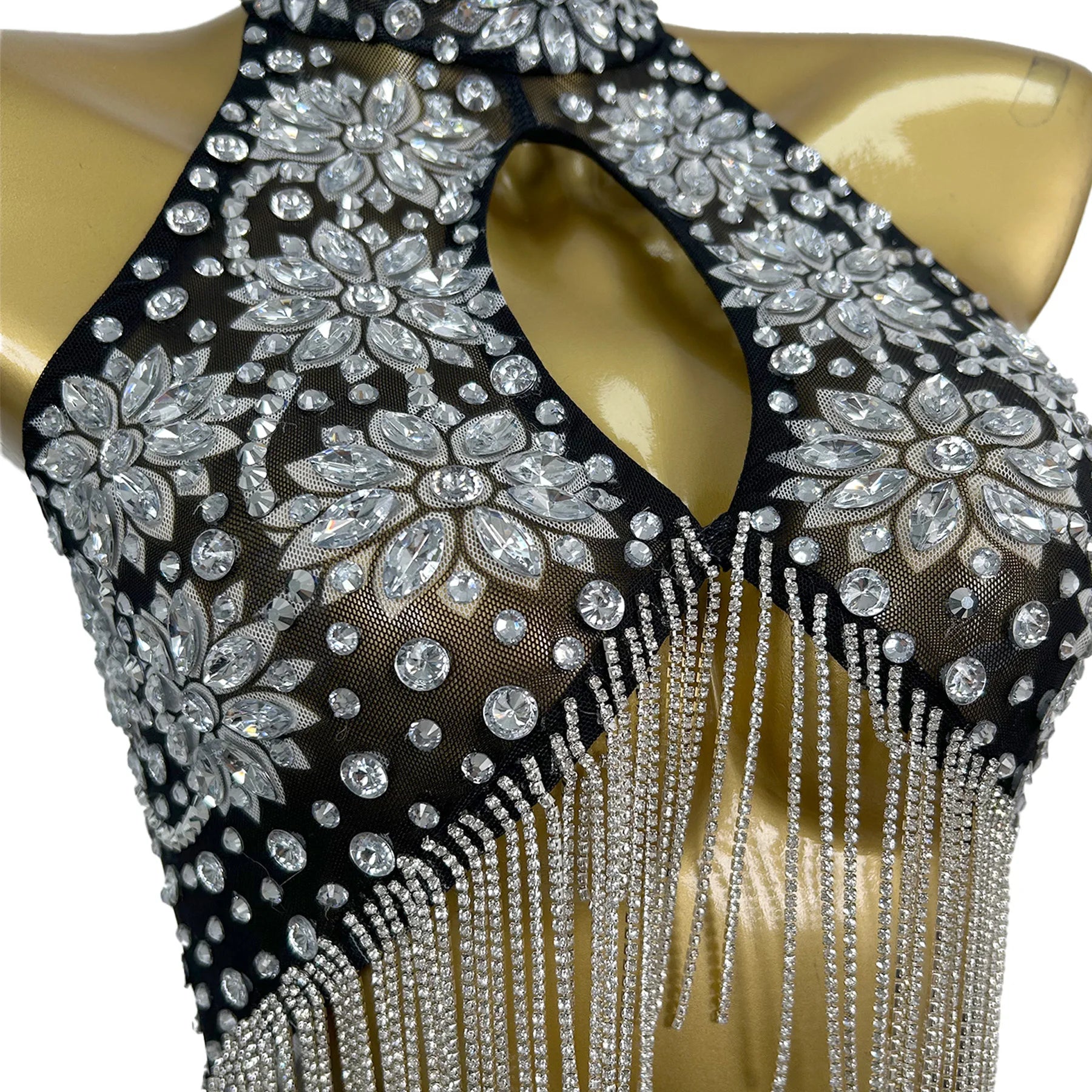 Sexy Women Black See Through Mesh Tassel Long Dresses Hollow Out Sparkly Silver Rhinestone Evening Gown Party Outfit