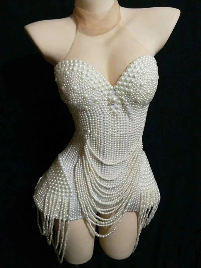 New Women White Pearls Beading Bodysuit Jazz Dance Rave Outfit Evening Stage Show Costume Prom Birthday Bar Singer Clothes
