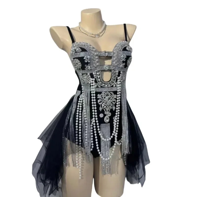 Luxury Silver Rhinestones Tassel Bodysuit Sexy Nightclub Bar Stage Wear Women Singer Stage Performance Costume Show Rave Outfit