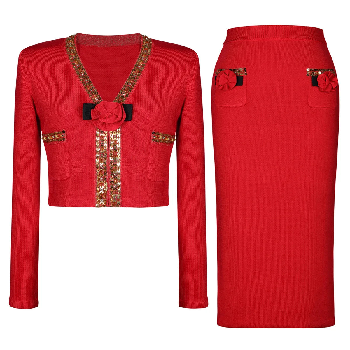 Luxury Crystal Long Evening Dresses Women 2 Piece Women Skirt Suits Beading Knitting Cardigans Sweater Long Pencil Skirts Sets