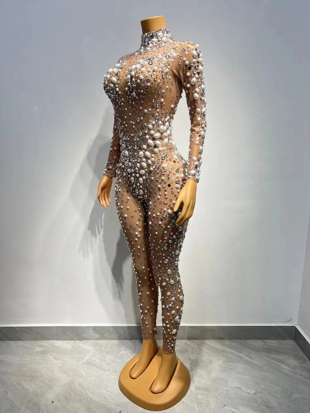 Sexy Stage Big Pearls Crystals Rhinstones Transparent Jumpsuit Evening Birthday Celebrate Outfit Dancer Photoshoot Rompers