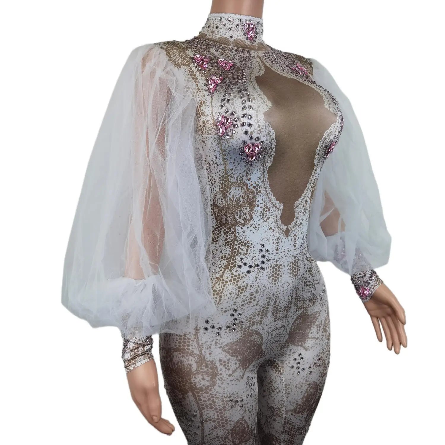 Fashion White Lace Puff Sleeve Rompers Dancer Sexy Bodysuit Tight Fitting Rhinestone Jumpsuit Woman Birthday Party Festival Wear