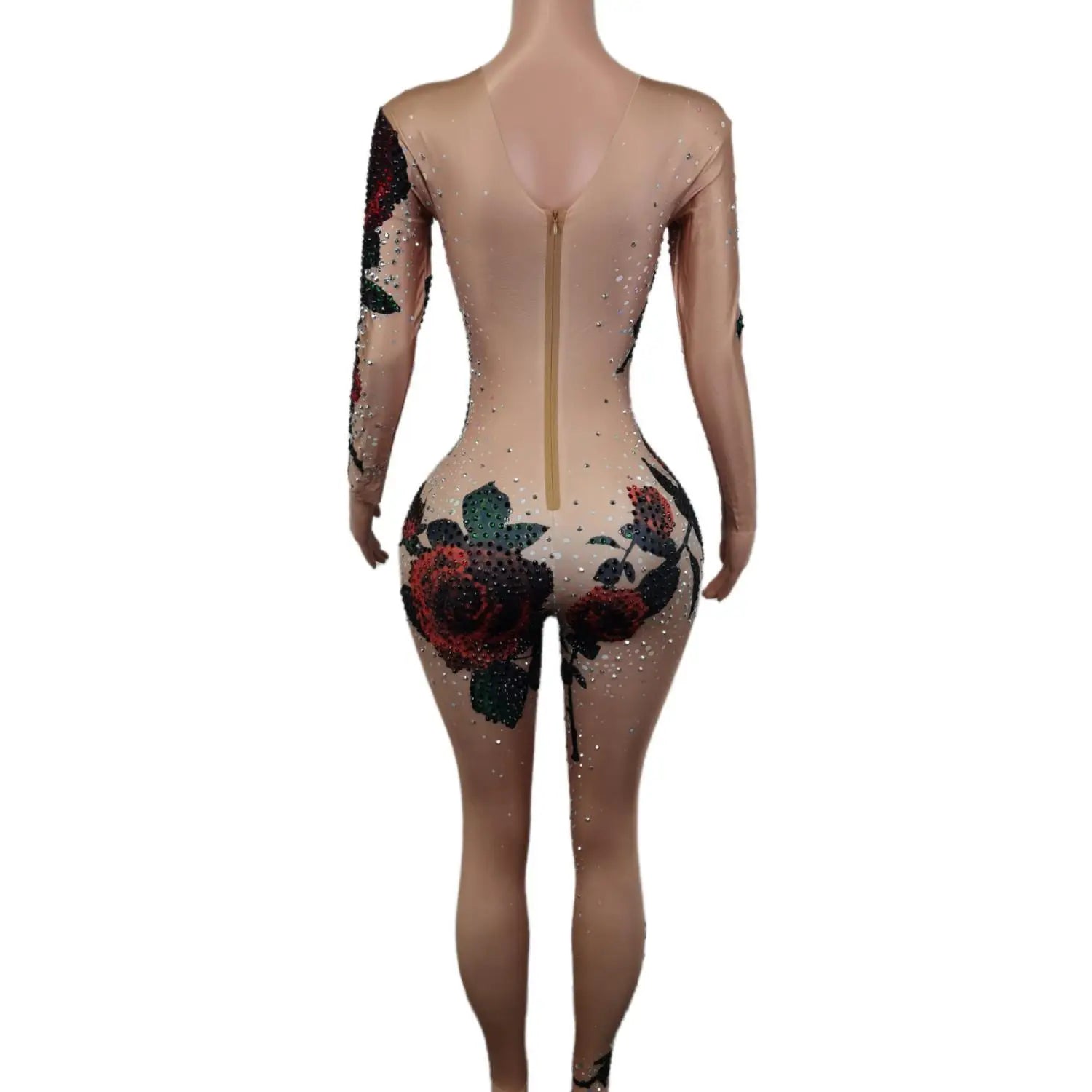 Designer Rose Pattern Rhinestone Bodysuits Stretch Leotard Nightclub DJ Stage Pole Dancing Costumes Women Performance Jumpsuit