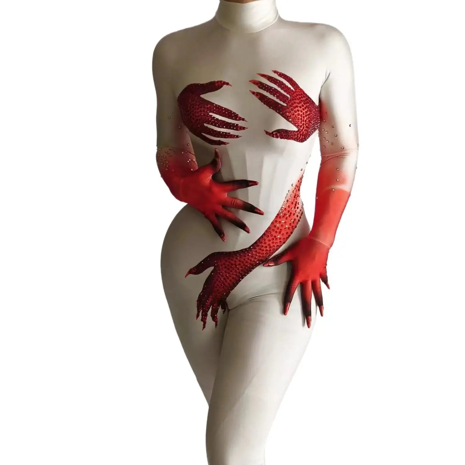 Sparkly Crystal Jumpsuit Long Gloves Tights Women Sexy Dancer Performance Costume Skinny Show Stage Wear Club Outfit