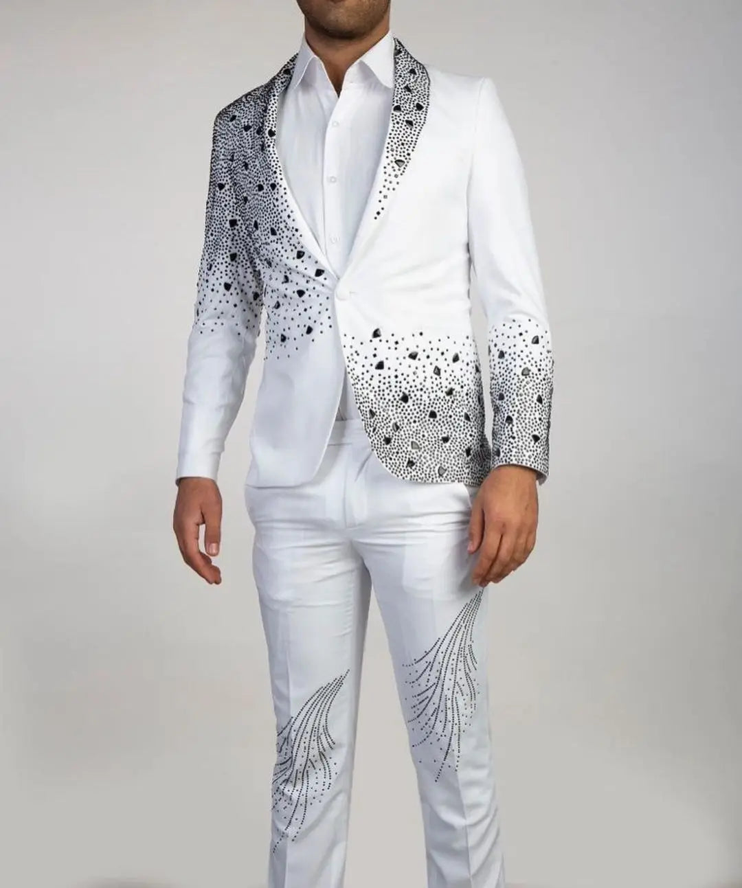 Luxury Beads 2 Pieces Blazer Pants Men Suits Shiny One Button Sheer Lapel Diamonds Formal Party Wedding Groom Plus Size Tailored