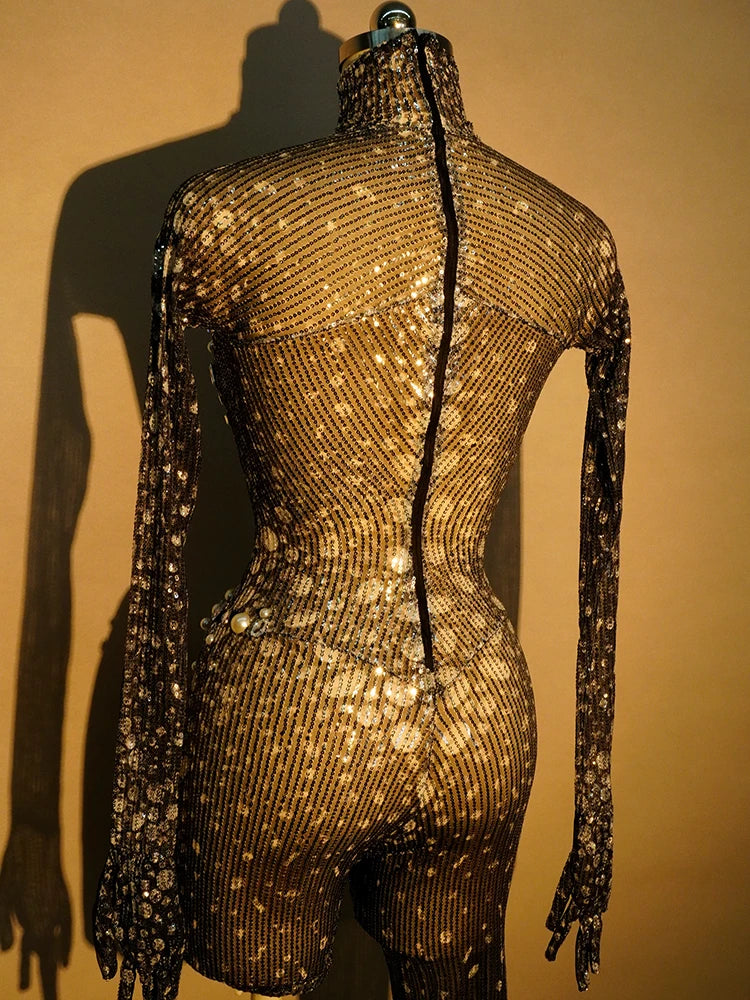 Sexy Black Sequined Jumpsuit Rhinestone Bodysuit Long Sleeves Club Rave Pole Stage Drag Queen Festival Outfits Halloween
