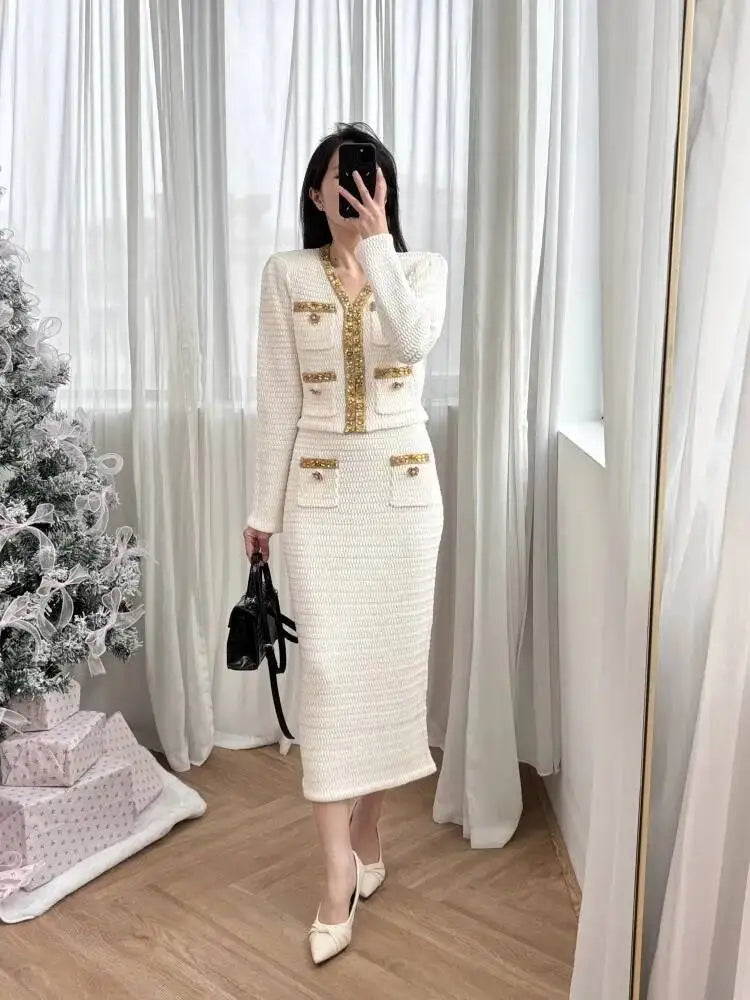 Luxury Crystal Long Evening Dresses Women 2 Piece Women Skirt Suits Beading Knitting Cardigans Sweater Long Pencil Skirts Sets