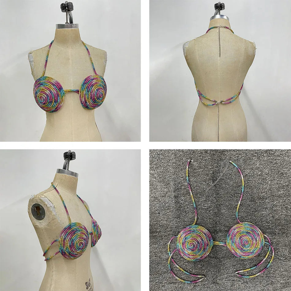 Rainbow Color Super Flash Rhinestone Diamond Rope Bra Halter Neck Backless Short Sexy Hot Girl Red Carpet Show