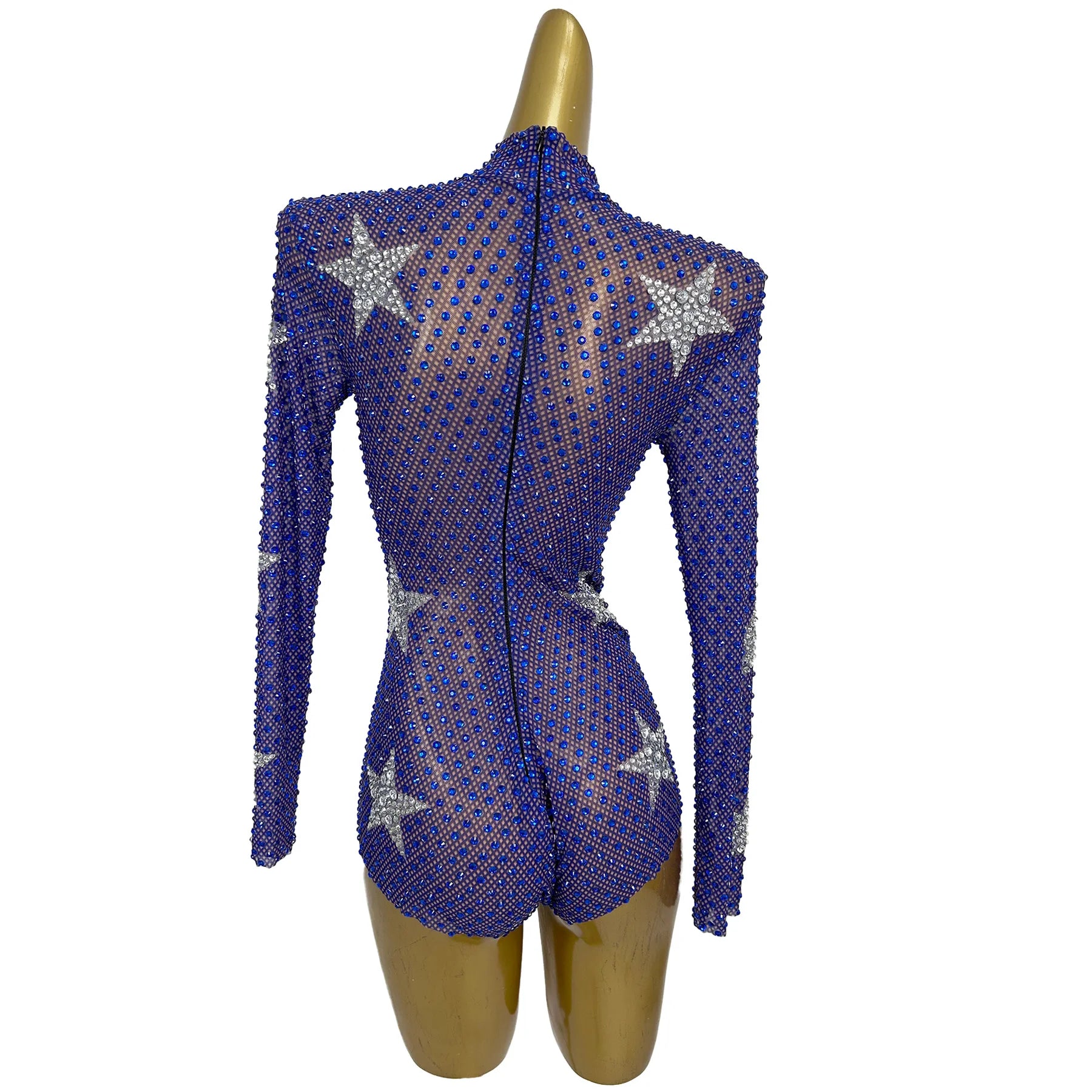 Blue Mesh Star Tight Fitting High Cut Thong Leotard Sexy Women Dance Show See Through Mesh Sparkly Rhinestone Bodysuit
