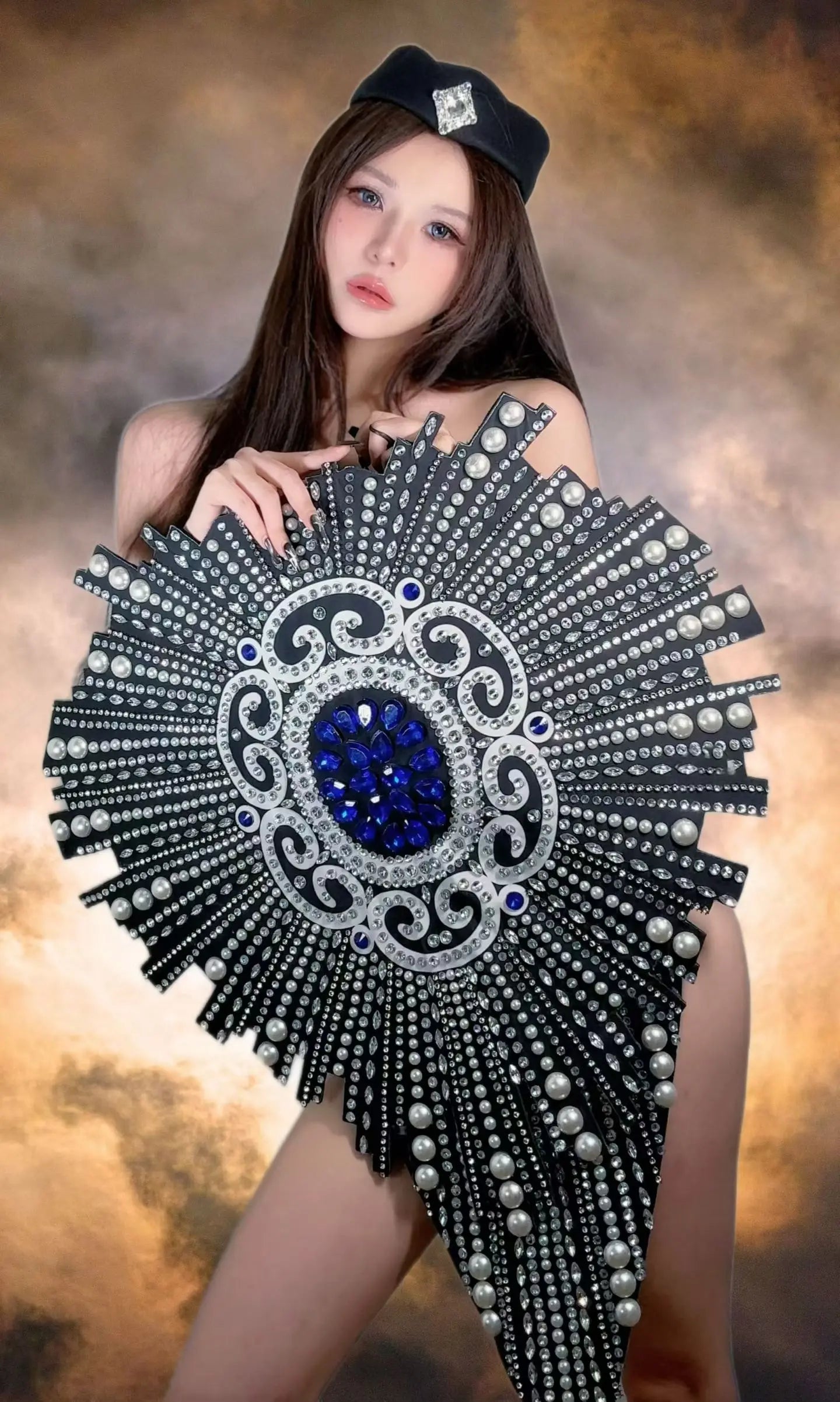 Showgirl Dance Sparkly Rhinestone White Pearls Black Bodysuit Club Drag Queen Performer Wear Masquerade Dress-up Outfit