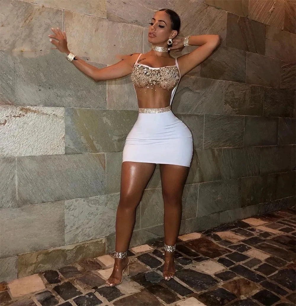 Sexy White Prom Dresses For Black Girls African Mini Cocktail Gown Halter Beaded Party Gowns