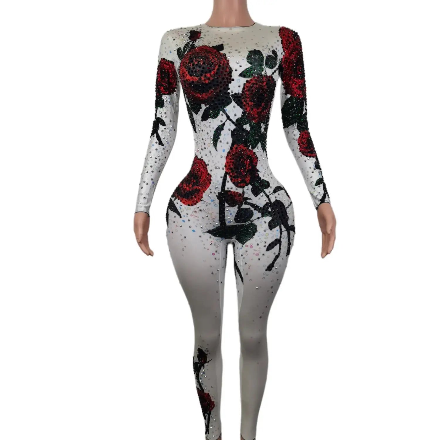 Designer Rose Pattern Rhinestone Bodysuits Stretch Leotard Nightclub DJ Stage Pole Dancing Costumes Women Performance Jumpsuit