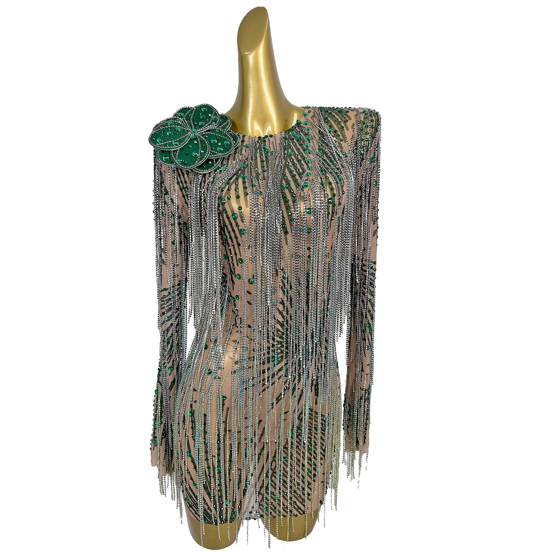 Sexy Luxury See Through Mesh Full Tassel Mini Dress Backless Sparkly Rhinestone Evening Dress Nightclub Party Show Outfit