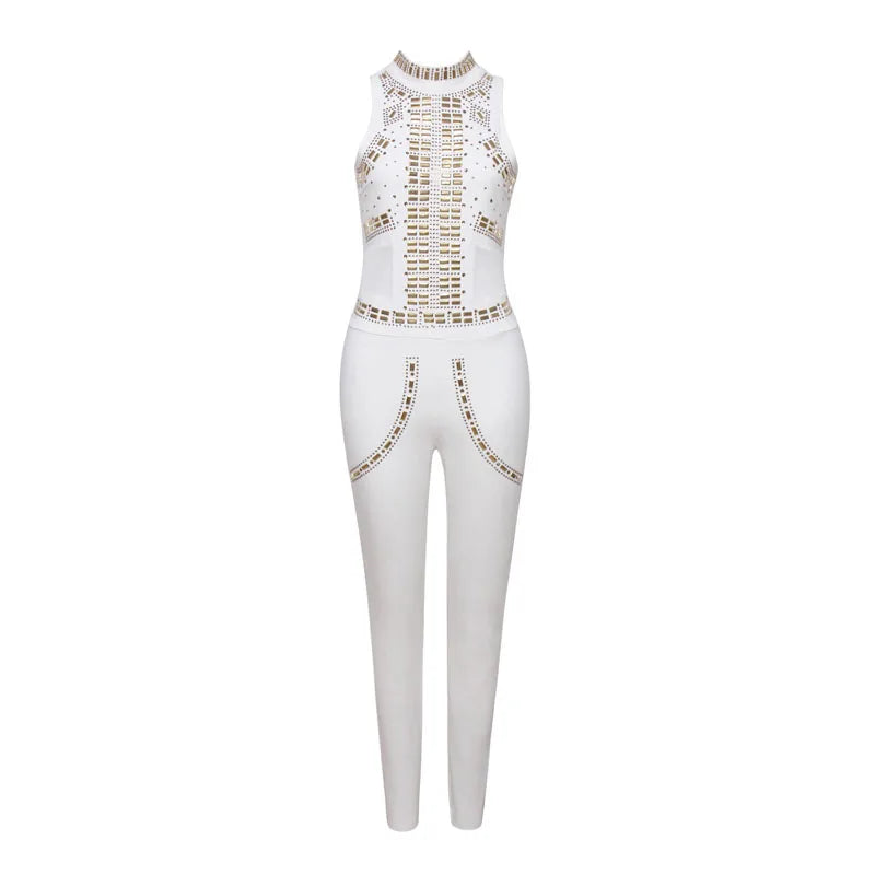 Black Luxury Diamond Pants Jumpsuit Women Fashion Sleeveless Hollow Out Party Bodysuit Elegant Pencil Pant One Pieces