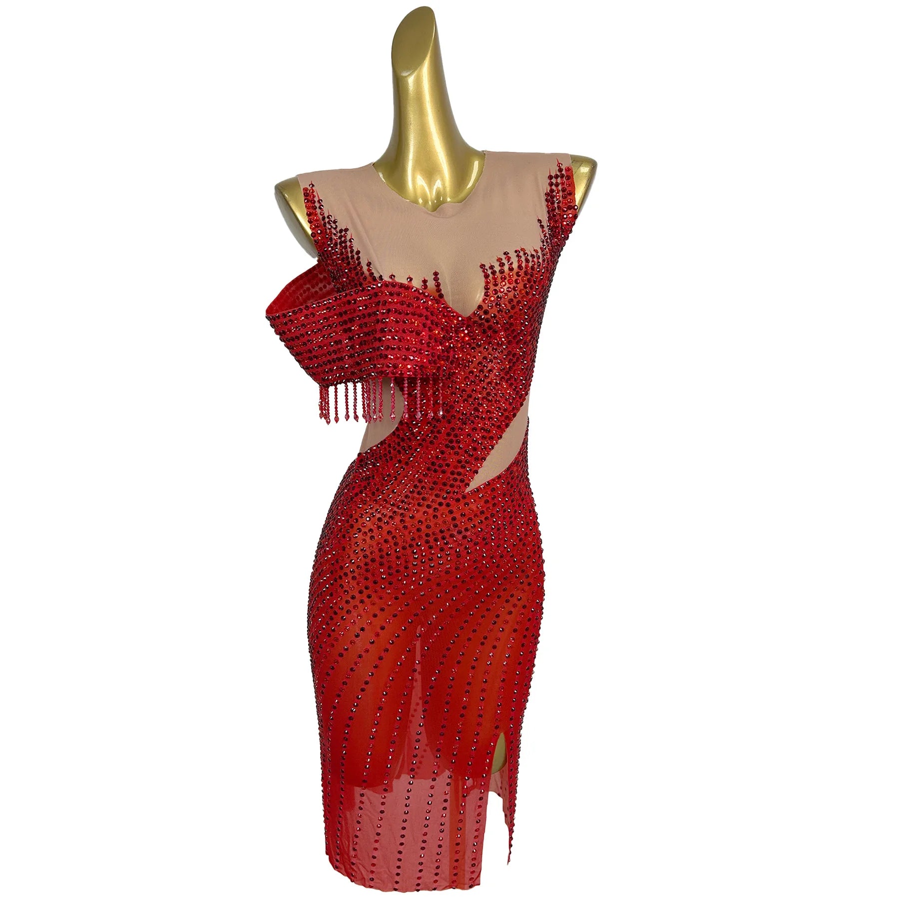 Nightclub Party Luxury See Through Mesh Red Mini Dresses Cocktail Prom Sparkly Rhinestone Sexy Evening Dress Show Outfit