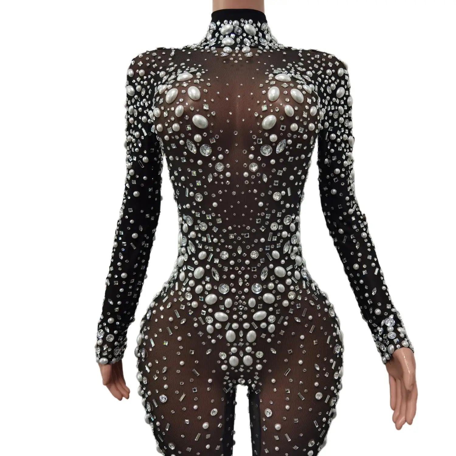 Women Stage Big Pearls Rhinestones Stretchy Transparent Jumpsuit Evening Birthday Celebrate Outfit Sexy Dancer Bodysuit