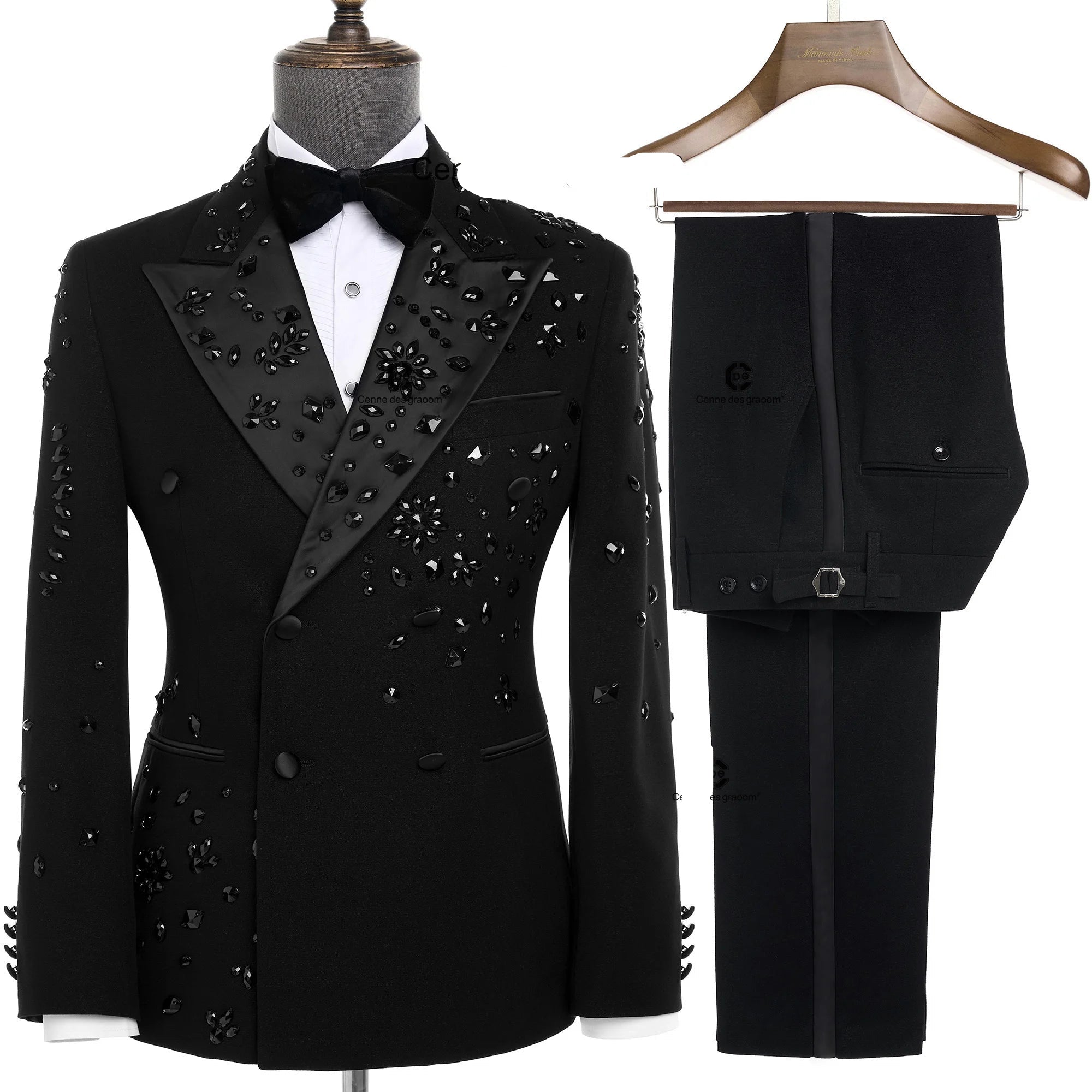 Elegant Luxury Men Suits Double-Breasted Black Jewelry Ornament Shining Tuxedo for Wedding Party Groom