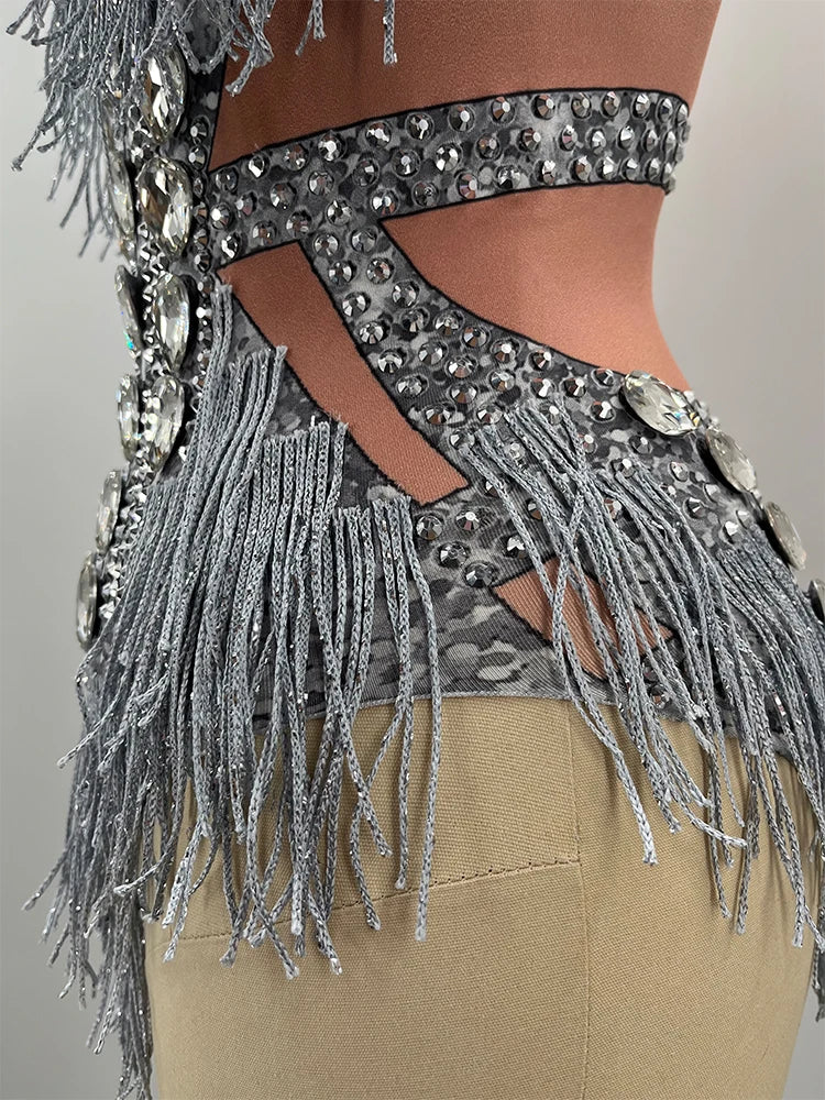Sparkly Rhinestone silver Fringes Bodysuit Dance drag queen Costume Big Crystals Bodysuit Tassel DJ DS club birthday Party Stage