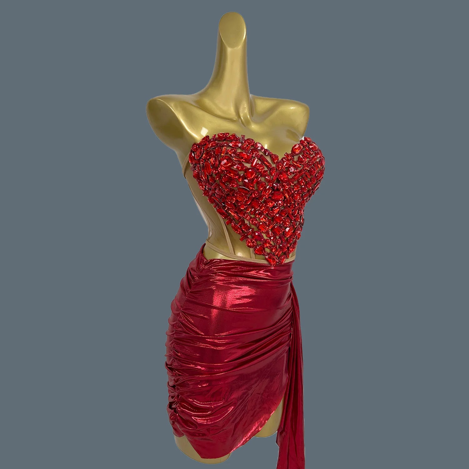 Sparkly Red Diamonds Sexy Top Skirt 2 Pcs Set Women Celebrate Party Birthday NightClub Performance Stage Outfit Show Wear