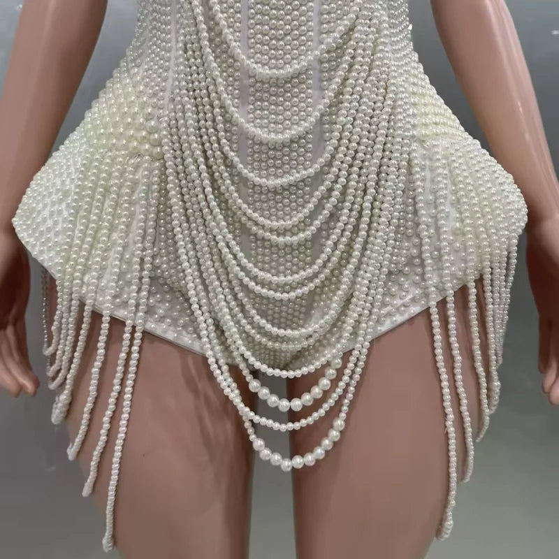 Luxury Pearl Necklace Sexy Strapless Bodysuit Performance Costume Bar Night Club Singer Dancer Stage Performance Costume