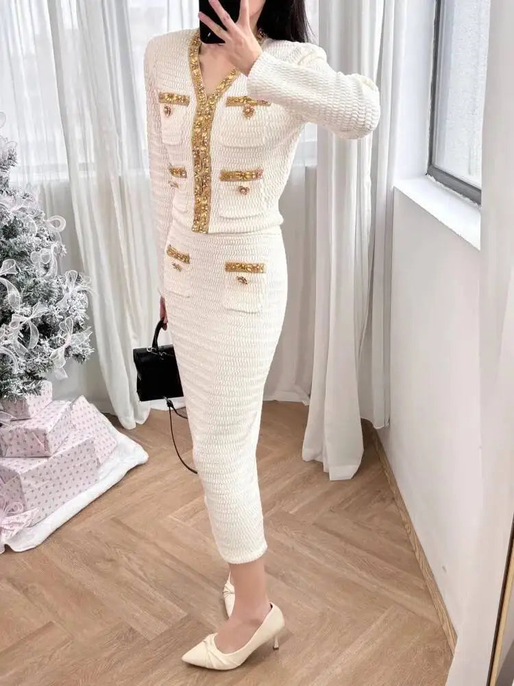 Luxury Crystal Long Evening Dresses Women 2 Piece Women Skirt Suits Beading Knitting Cardigans Sweater Long Pencil Skirts Sets