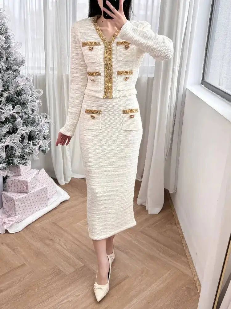 Luxury Crystal Long Evening Dresses Women 2 Piece Women Skirt Suits Beading Knitting Cardigans Sweater Long Pencil Skirts Sets