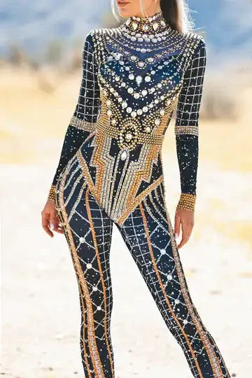 Sexy Long Sleeves Gold Silver Bodycon Rompers Festival Outfit Lady Crystals Bodysuits Women Birthday Party Rhinestone Jumpsuits