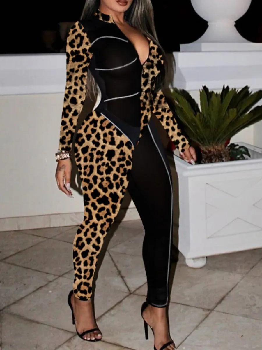Stylish Leopard Print Patchwork One-piece Jumpsuits Long Sleeve Zipper Up Sexy Pantsuits Vintage Bodycon Pajamas Bodysuits