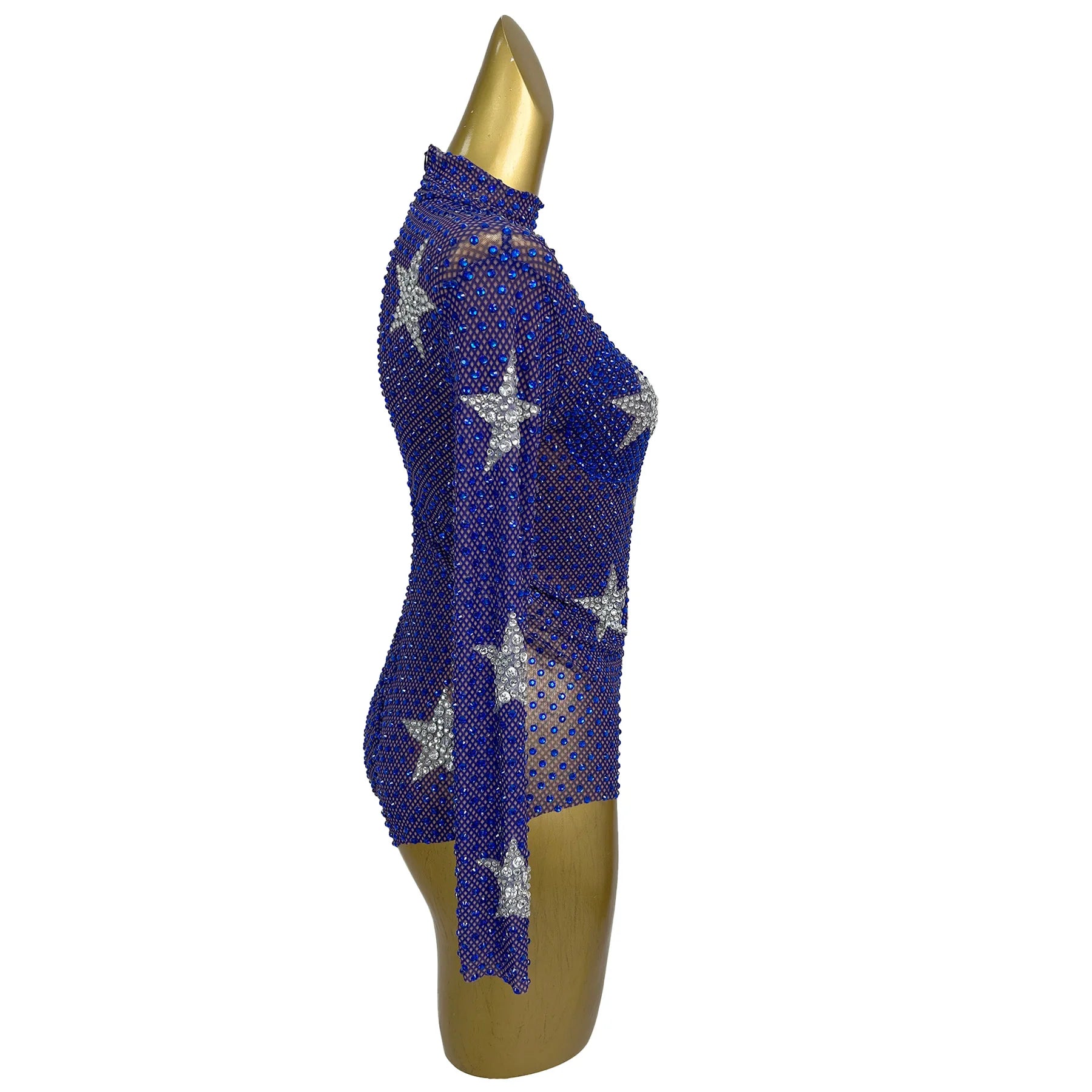 Blue Mesh Star Tight Fitting High Cut Thong Leotard Sexy Women Dance Show See Through Mesh Sparkly Rhinestone Bodysuit