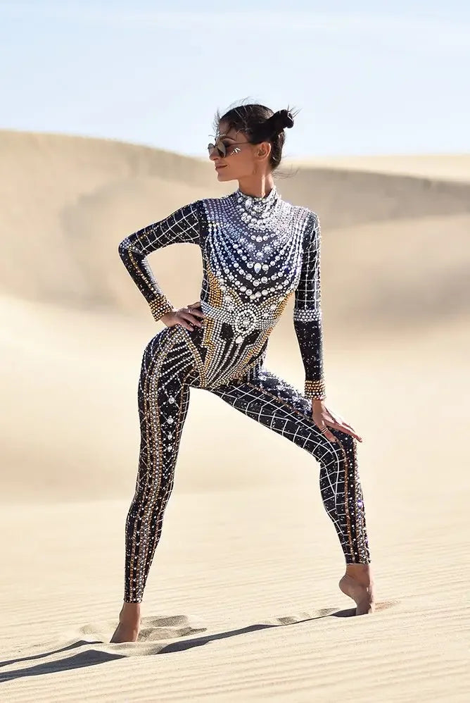 Sexy Long Sleeves Gold Silver Bodycon Rompers Festival Outfit Lady Crystals Bodysuits Women Birthday Party Rhinestone Jumpsuits