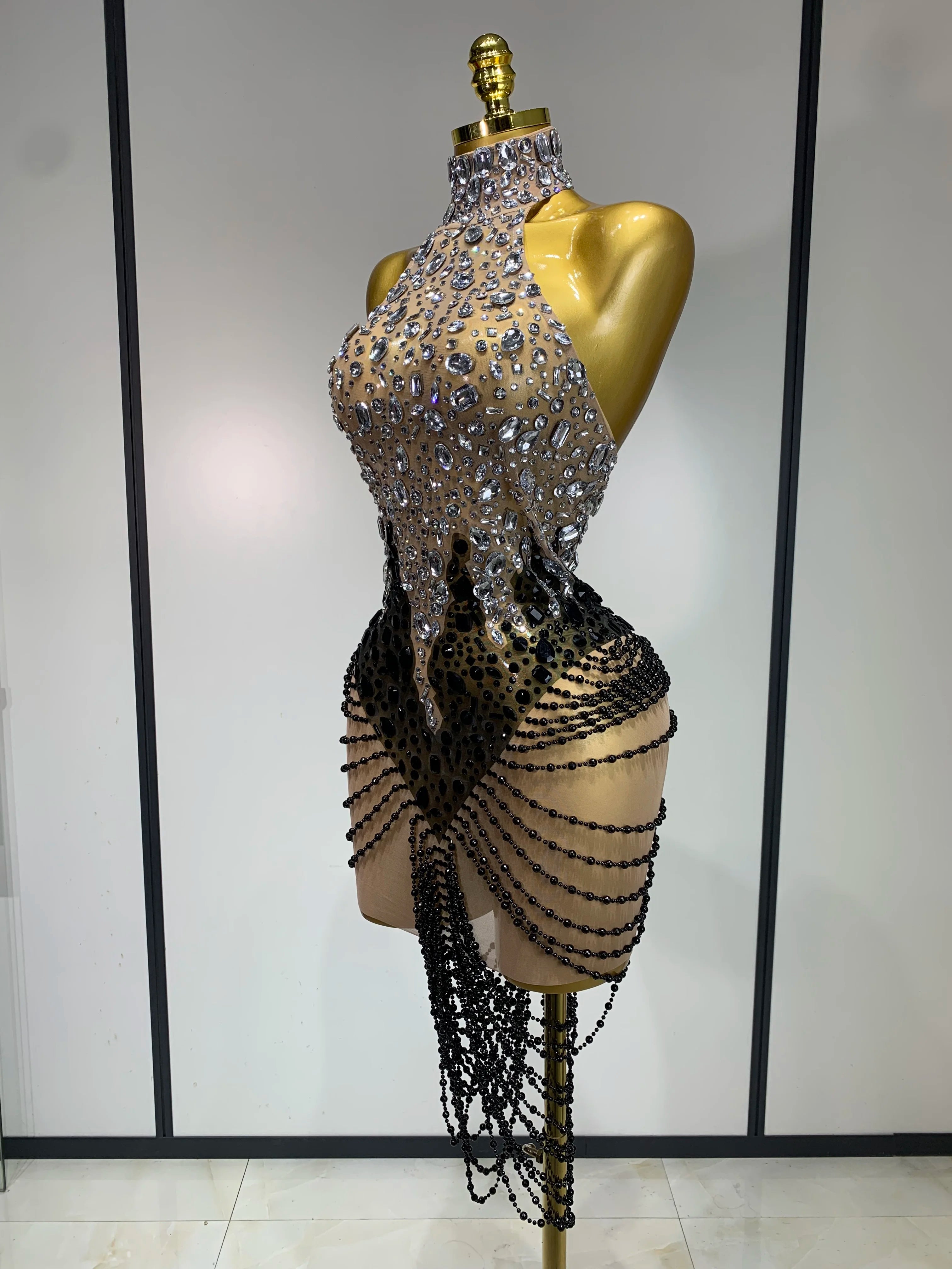 Sparkly Crystals Beading Short Dress Women Sexy Backless Mesh See Through Evening Prom Celebrate Birthday Dress Photo Shoot Wear