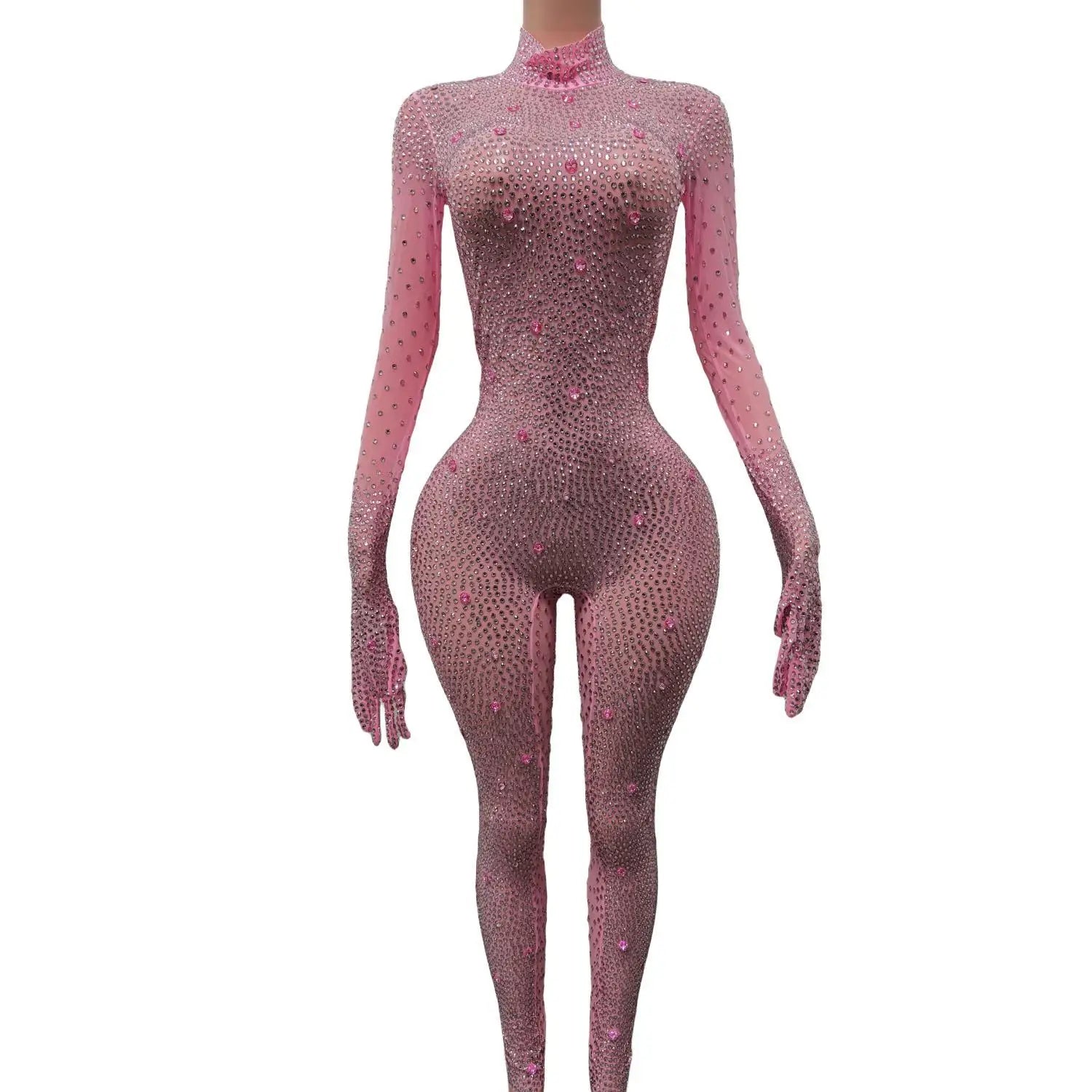 Sexy Shining Gold Rhinestones Jumpsuit Mesh Transparent Birthday Celebrate Bodysuit Nightclub Singer Dance Leggings