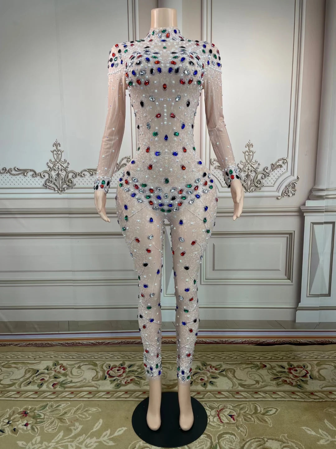 Lady Elegant Long Sleeve Rhinestone Jumpsuit Bling Diamond Beaded Evening Sexy City Dresses Woman Outfit Playsuit