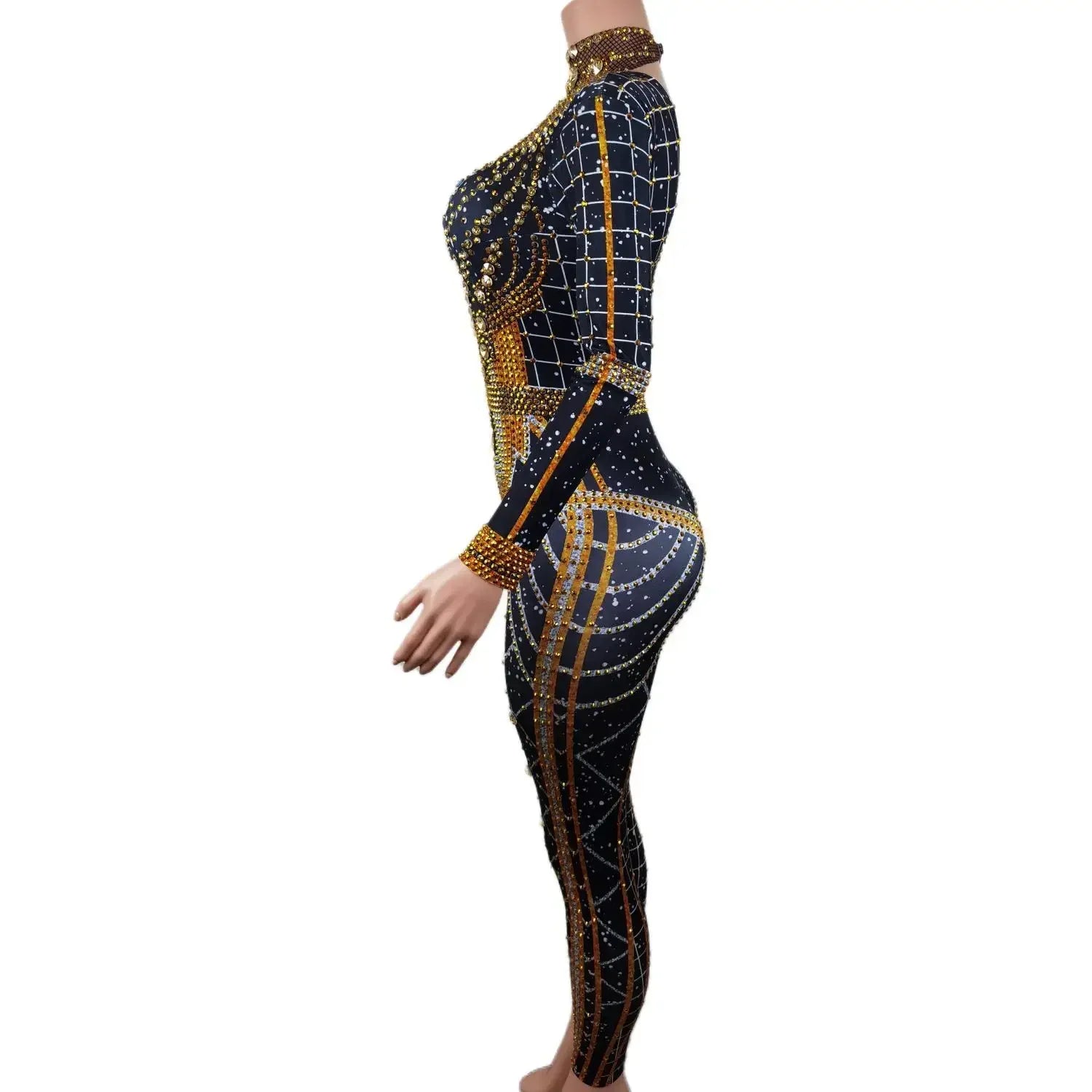 Sexy Long Sleeves Gold Silver Bodycon Rompers Festival Outfit Lady Crystals Bodysuits Women Birthday Party Rhinestone Jumpsuits