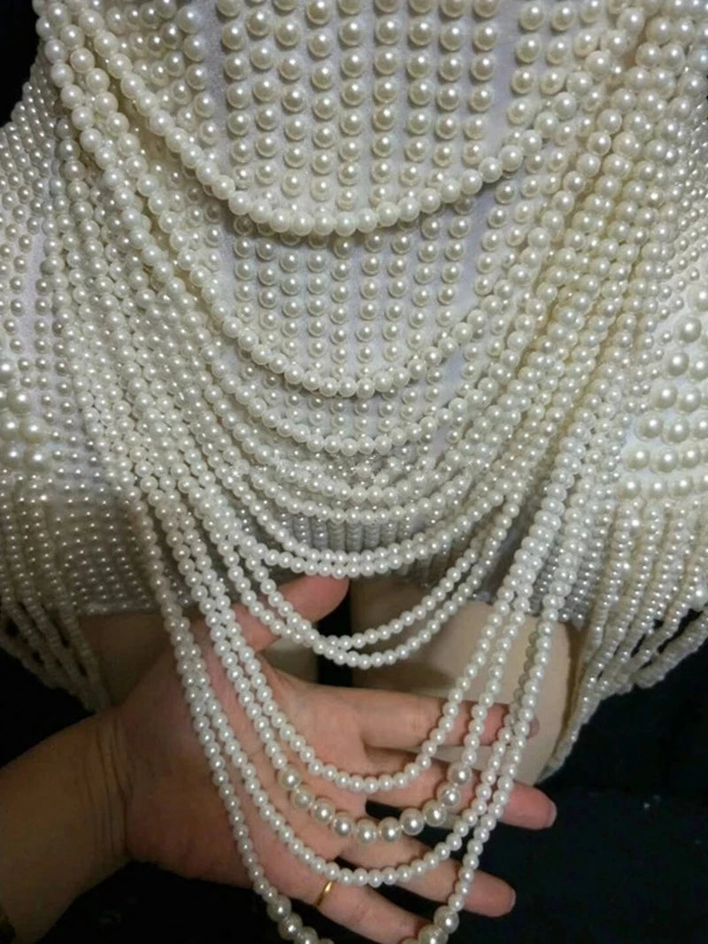 New Women White Pearls Beading Bodysuit Jazz Dance Rave Outfit Evening Stage Show Costume Prom Birthday Bar Singer Clothes