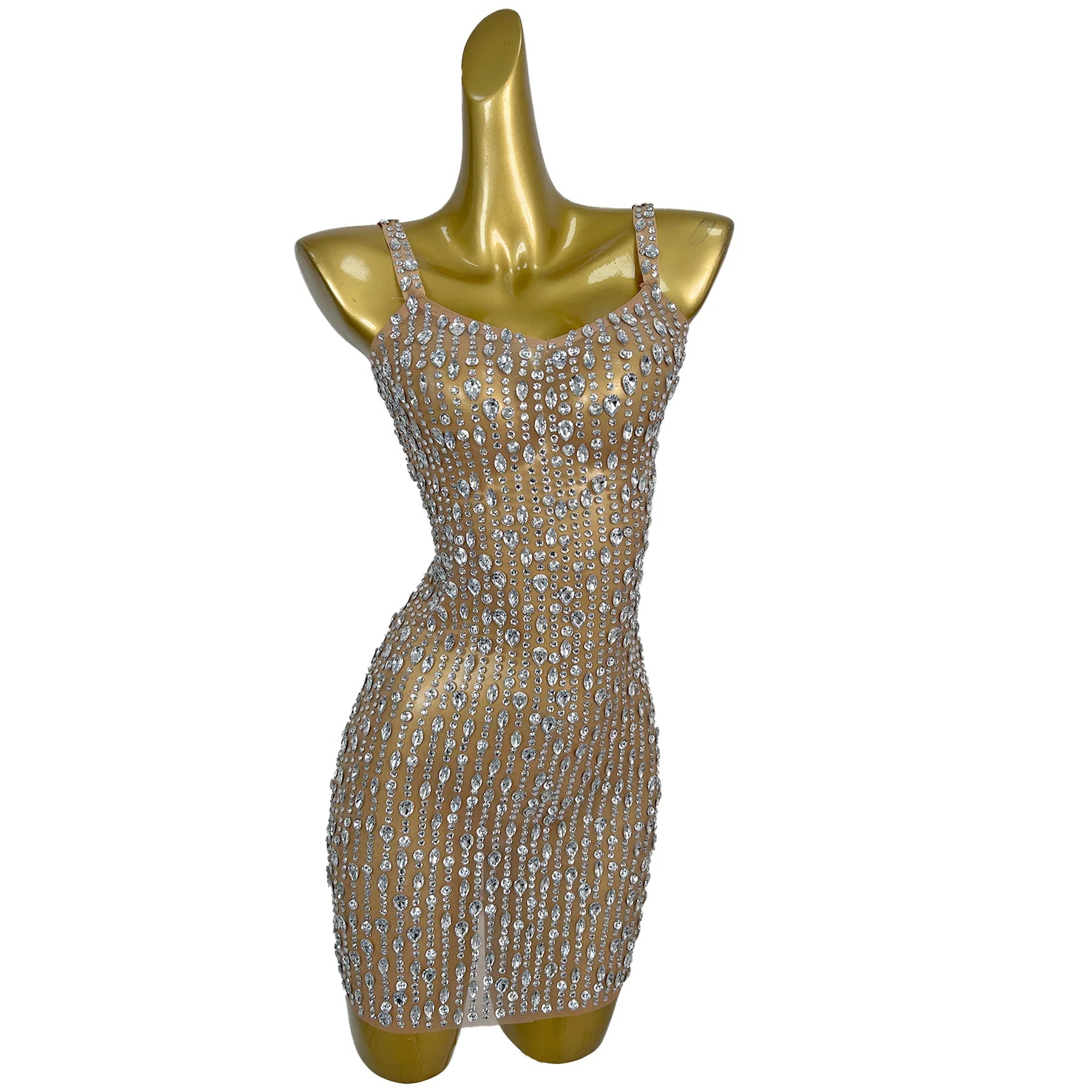 Sparkly Silver Crystals Slip Mini Dress Women SexySee Through Mesh Cocktail Dress Birthday Party Event High-end Outfit